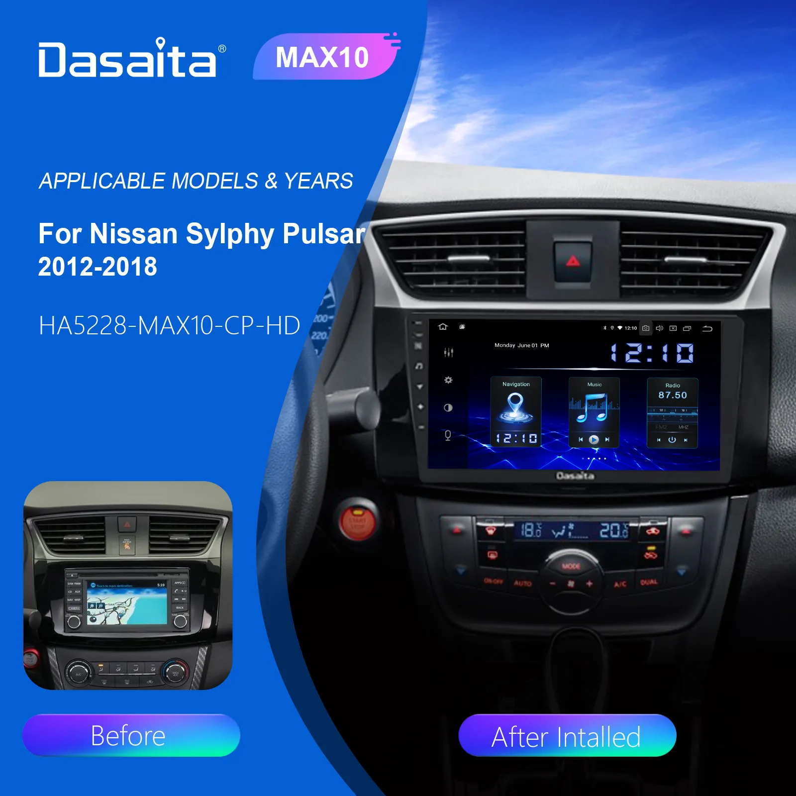 Dasaita 10.2インチANDROID10カーCDプレーヤーダブルDINラジオ、Nissan Sylphy Pulsar、アンプスプリットスクリーンTPMS1280x720