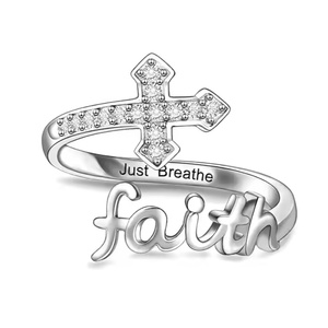 Anello Regolabile Personalizzato in Argento Sterling 925 Placcato Rodio con Croce e Zirconi per Donne, Gioiello Religioso per Matrimoni e Feste - Product Image 1