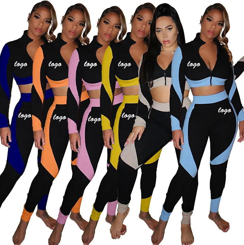 2021 Autumn New arrivals Custom Logo Casual Fashion Color Matching Jogging Fitness Yoga Jogger Tracksuit Women's Two-piece Set