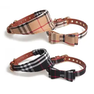 Custom Wholesale Personalized Plaid Bowtie Bandana Set Pet Collar Bow Knot Leather Dog Collars Pet Collar For Dogs