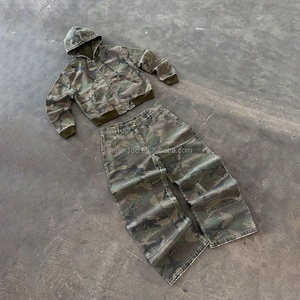 Custom Camouflage Pullover <b>Zip</b> <b>up</b> <b>Jacket</b> and Heavyweight Canvas Baggy Pants 2 Piece Jogger Set Vintage Wash Design Tracksuit Set - Product Image 1