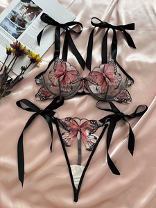 Conjunto de lencería bordado con mariposas para mujer, bragas de bikini, ropa interior sexy, transpirable, nailon, spandex, 2 piezas - Product Image 5
