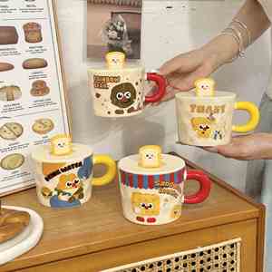 Cute Cartoon <b>Ceramic</b> <b>Mug</b> with <b>Lid</b> High Temperature Resistant & Microwave Safe Girls' Office Use Birthday Gift - Product Image 1