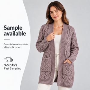 FNJIA Cardigan da <span class=keywords><strong>Donna</strong></span> in <span class=keywords><strong>Maglia</strong></span> a Trecce, Manica Lunga, Aperto sul Davanti, con Tasche, <span class=keywords><strong>Bordeaux</strong></span>, Oliva, Lavanda, Fornitore OEM Personalizzato - Product Image 2