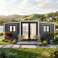 Maisonnette Extensible à Double Aile, Lodge Conteneur Préfabriqué Premium Extensible, Hébergement Mobile de Vacances avec Mur en Verre