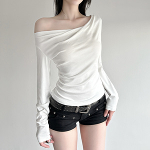 T-shirt en tricot asymétrique à épaules dénudées sexy pour femmes, couleur unie, col châle, coupe ajustée, style européen américain - Product Image 6