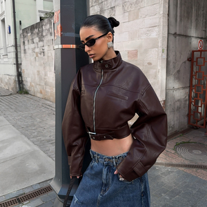 Blouson court en PU tissé pour femme, automne, fermeture éclair sur le devant, col à volants, uni, teinture écologique, coupe ample, décontracté, manches longues - Product Image 3