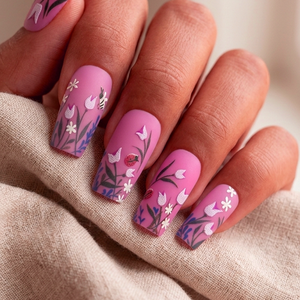 <span class=keywords><strong>Uñas</strong></span> Postizas Cuadradas <span class=keywords><strong>Mate</strong></span> <span class=keywords><strong>Rosa</strong></span> con Estampado Floral, Diseño de Abeja y Mariquita, <span class=keywords><strong>Uñas</strong></span> Postizas Reutilizables al por Mayor, Paquete de 24 Piezas para Mujer - Product Image 1
