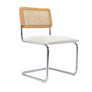 现代方形木藤背镀铬金属框架布克座椅侧椅餐椅