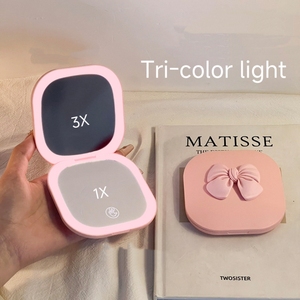 Portable Small LED Folding Vanity <strong>Mirror</strong> 1X/2X/3X Pink <strong>White</strong> Bow - Product Image 3