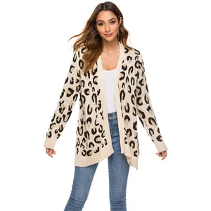 Factory Customize V-Neck Long Sleeve Cotton Leopard Fashion Loose Spring Autumn Fall Embroidery Knit Sweater Cardigan For Women