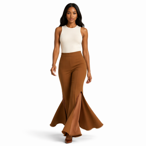Pantalon évasé taille haute CURVE SPLIT pour <span class=keywords><strong>femme</strong></span>. Panneau contrastant ton sur ton, ourlet brut, pli avant prononcé. - Product Image 2