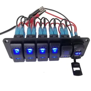 Panel de interruptor basculante de 5 entradas, interruptor de palanca de encendido y apagado con arnés de cableado retroiluminado LED azul, precableado, fácil instalación