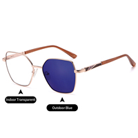 Lunettes photochromiques anti-lumière bleue pour femmes, monture géométrique polygonale en métal avec charnière à ressort