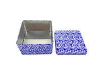 Boîte à bonbons emballage vide en étain boîte à thé en étain boîte à couvercle plat en porcelaine bleu et blanc fabricant de gros carré métal alimentaire fer blanc