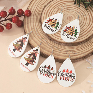 Christmas Teardrop Wood Earrings With Santa And Tree Patterns <b>Drop</b> Earrings For Girls Gift - Product Image 4