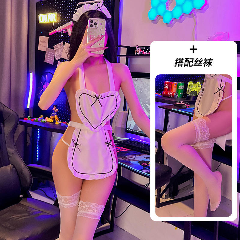 White jumpsuit + headband + thong + white stockings