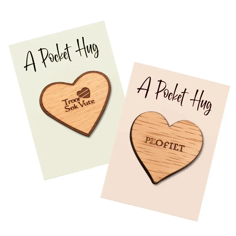 Cheap eco friendly flat custom wood wooden pocket hug heart token with greeting card