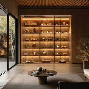 Vitrine en verre avec éclairage LED, étagère de rangement moderne en bois pour figurines, jouets, modèles, poupées - Product Image 5