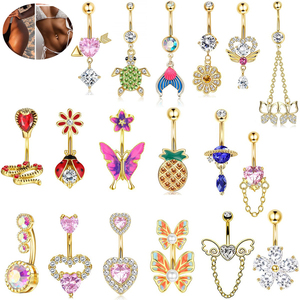 Bague de nombril CRYSPURE en acier inoxydable plaqué or 14g avec pendentif papillon et fleur, bijoux de piercing pour femme avec zircon, vente en gros OEM - Product Image 1