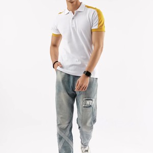 เสื้อโปโลผู้ชายแขนสั้นผ้าฝ้ายสีขาว เสื้อกอล์ฟสีเหลืองบล็อกไหล่ - Product Image 2
