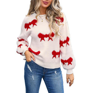 Wholesale <strong>Christmas</strong> Cute Bowknot Pullover Crew Neck Drop Shoulder Long Sleeve <strong>Jumper</strong> <strong>Plus</strong> <strong>Size</strong> Ribbed Embroidered <strong>Women</strong> Sweaters - Product Image 4