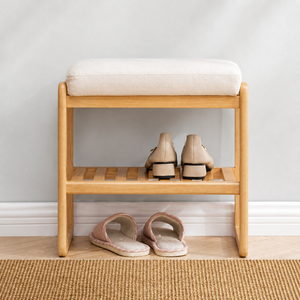 Modern Solid Wood Entryway <b>Shoe</b> Bench with Upholstered Cushion Seat Open <b>Storage</b> Shelf Minimalist Hall Furniture - Product Image 1