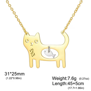 Collar con diseño de gato y pez para mujer, hecho con acero inoxidable 304 duradero, con un bonito diseño de colgante de animales de dibujos animados - Product Image 5