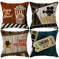 Housse de coussin rétro avec affiche de cinéma, équipée de popcorn, de bandes de diapositives et d'un motif en bois, décoration de canapé pour la maison