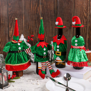 Green Velvet <b>Elf</b> Wine <b>Bottle</b> Cover with Hat Christmas <b>Elf</b> Costume Wine <b>Bottle</b> Ornament Supplies - Product Image 1