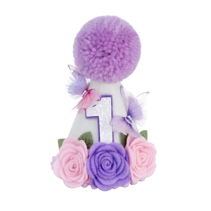 1歳の誕生日パーティー用の手作り紫蝶花柄コーンハット赤ちゃんの女の子のための花の子供の装飾