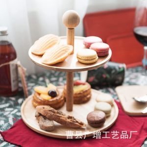 ขาตั้งขนมหวานไม้ทรงกลม ถาดไม้เนื้อแข็งสองชั้นสำหรับจัดเก็บขนมปาร์ตี้และขนมอบ ชั้นวางโชว์สีธรรมชาติ - Product Image 2
