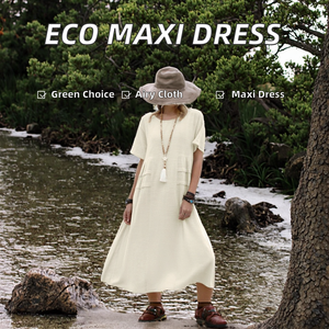 Robe longue ample bohème d'été pour femme, col rond, manches courtes, en polyester et coton écologique, taille naturelle, respirante, avec poches et ourlet évasé - Product Image 2