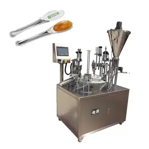 Rotary fully automatic high precision 3g 5g 7g aluminum lids plastic honey spoon filling sealing machine