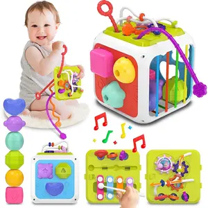 7合1蒙特梭利形状分拣机块堆叠玩具婴儿拉弦钢琴精细运动技能活动立方体婴儿感官玩具