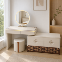 Ensemble de coiffeuse moderne blanche avec miroir LED rond, armoire de rangement et tabouret pour chambre à coucher