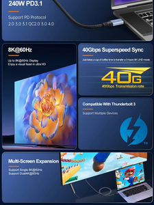 Ub4 40Gbps 240W 4K 3 HD Video Đầy Đủ Tính Năng USB 3.2 Gen 2 Nylon Áo Khoác 1M Nam Nam Loại C Cáp Cho <span class=keywords><strong>Android</strong></span> 5A Nhanh Chóng Sạc - Product Image 5