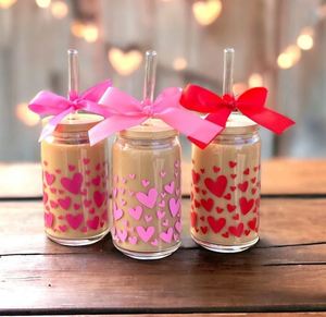 Day Gift <b>Iced</b> <b>Coffee</b> With Lid and Straw Valentines Heart Glass Can <b>Cup</b> - Product Image 1