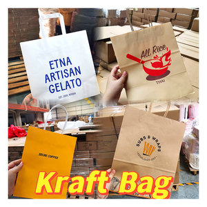 Sac en <span class=keywords><strong>papier</strong></span> kraft brun personnalisé écologique avec poignée plate, sac de livraison de nourriture à emporter pour restaurant - Product Image 6
