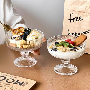 Cangkir Dessert Prancis Mewah Berukir Bergaris, Mangkuk Buah Yoghurt Bertangkai Tinggi, Gelas Es Krim Transparan - Product Image 2