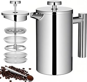 Cafetière à piston moderne personnalisée en acier inoxydable avec système de filtration, écologique, artisanale, pour la maison et la cuisine, avec couvercle à pression - Product Image 1