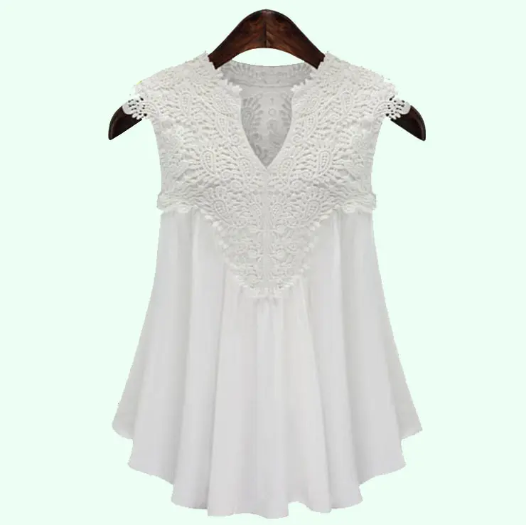 New Customized Design Chiffon Shirt Sleeveless V Neck Lace Pleat Chiffon Women Blouse