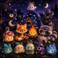 Mascotte en peluche personnalisée, ensemble de camping magique Nuit étoilée, animaux en peluche sur le thème renard, ours, chauve-souris, sorcier