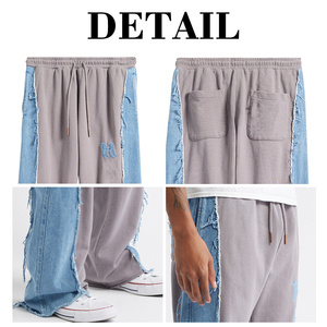 Pantalon de survêtement évasé KingSen de haute qualité, personnalisé, bicolore, taille mi-haute élastique, style hip-hop, en coton pour homme, avec empiècements latéraux en jean, streetwear - Product Image 6