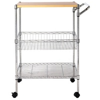 Carrito de Cocina Rodante de 3 Niveles, Metálico Cromado, con Tablero de MDF