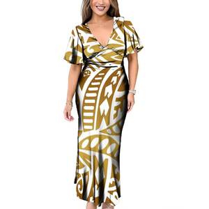 Drop Shipping personalizzato Fiji <span class=keywords><strong>Elei</strong></span> Samoa Tonga Hawaii tribale disegno polinesiano donna elegante abito lungo Casual con cravatta al collo posteriore - Product Image 2