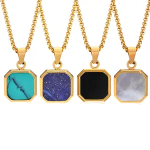 Hot Men Women Turquoise Necklace Pendant 18k Gold Stainless Steel Square Lapis Lazuli Stone Necklace Jewelry White Shell Pendant