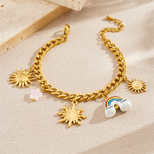 Gold Plated Stainless Steel Sun Face Ceramic Rainbow Pendant Necklace <b>Bracelet</b> <b>Set</b> Unisex Jewelry Fashion Accessory - Product Image 3