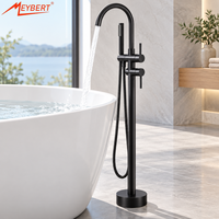 Robinet de baignoire sur pied en laiton noir mat, design contemporain, double poignée, avec douchette pluie et valve en céramique, idéal pour les hôtels