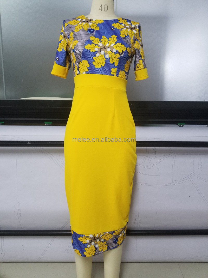 Y208065 Floral Print Patchwork Yellow Elegant Office Lady Dress For Women O Neck Slim Business Formal Dress Party Vestidos